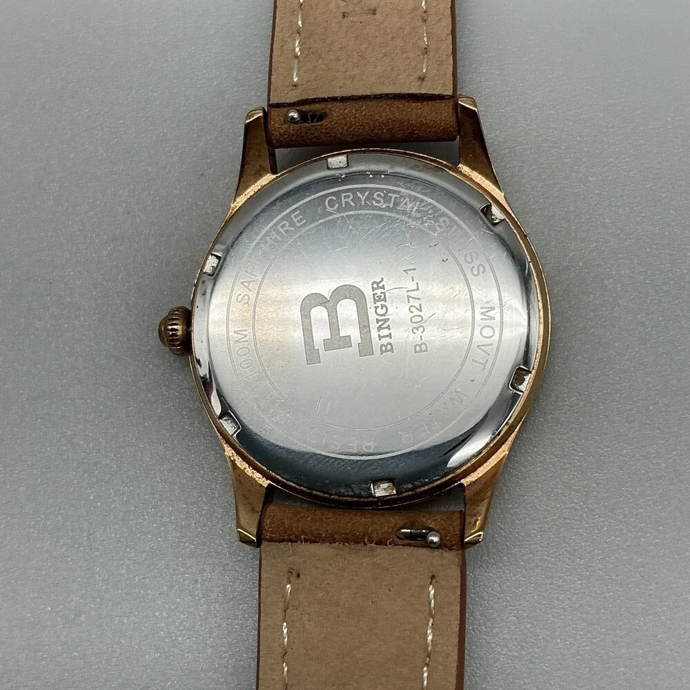 Binger B-3027L-1 Womens Watch 34mm White Dial Gold Tone Leather Date New Battery